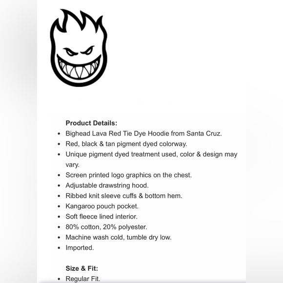 Spitfire Bighead Lava Red Tie Dye Hoodie size M - Picture 3 of 14